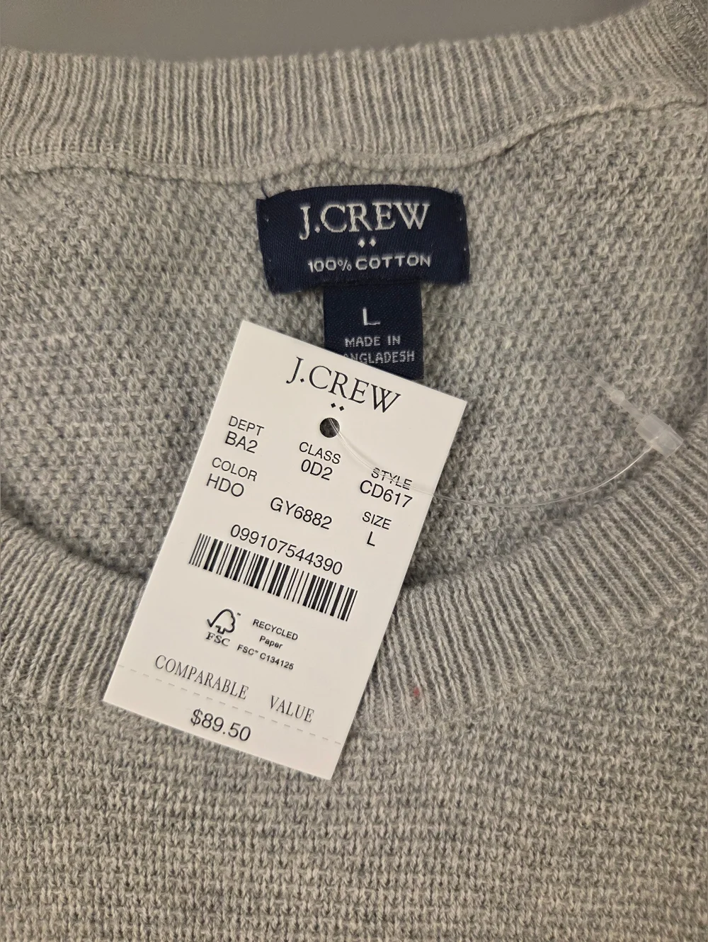 NWT J. Crew Men’s Cotton‎ seed-stitch crewneck sweater Large GRAY